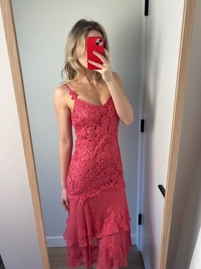 Vintage hot pink crochet + silk midi dress